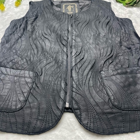 My Tribe Embroidered Leather Zip Front Sleeveless Vest in Black Womens Medium - Picture 7 of 13